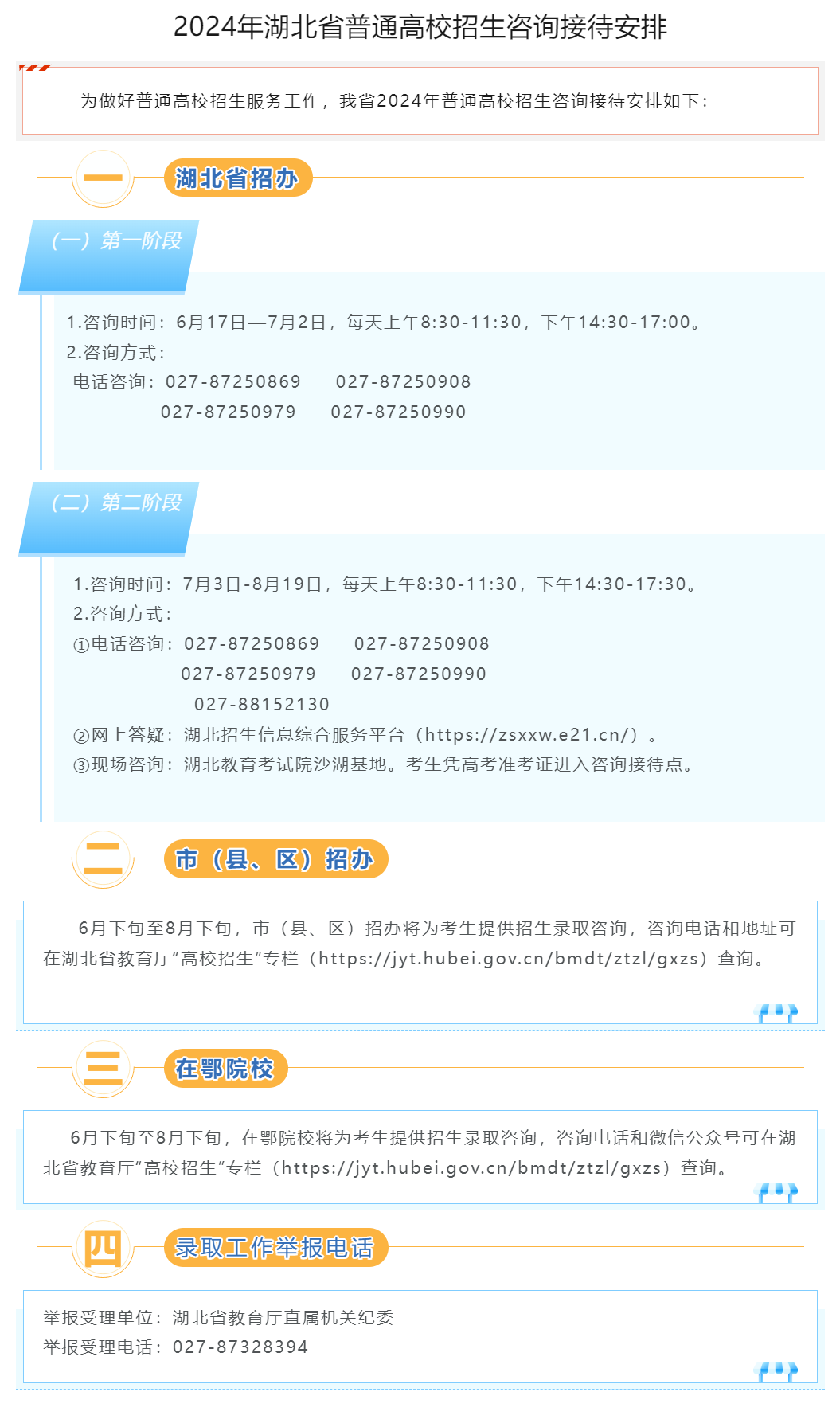 2024年湖北高校咨询接待安排 高校招生、市招办咨询接待联系方式